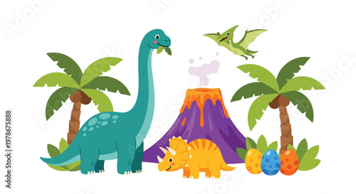 Flat style vector illustration of cute dinosaurs in prehistoric scene with volcano, plants and eggs, designed in playful cartoon style, ideal for kids education and storytelling visuals