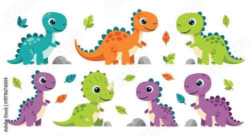 Flat style vector illustration of kids dinosaur collection with colorful characters, leaves and stones, designed in simple cartoon style for nursery, education and children branding