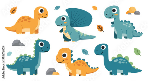 Flat style vector illustration of kids dinosaur collection with colorful characters, leaves and stones, designed in simple cartoon style for nursery, education and children branding