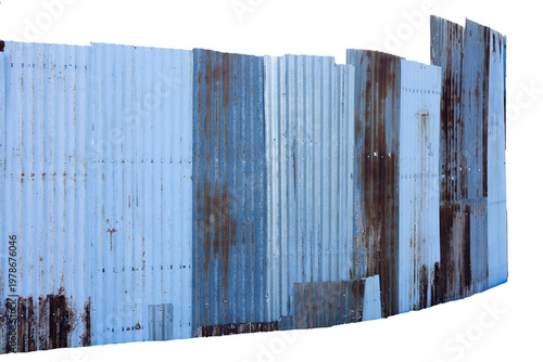 Isolated corrugated metal fence section with rust and weathering details on a clean white background