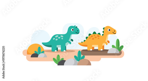 Flat style vector illustration of minimal dinosaur set with simple plants and stones, designed in soft colors and clean shapes for modern kids design and nursery themes
