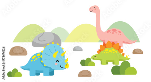Flat style vector illustration of minimal dinosaur set with simple plants and stones, designed in soft colors and clean shapes for modern kids design and nursery themes