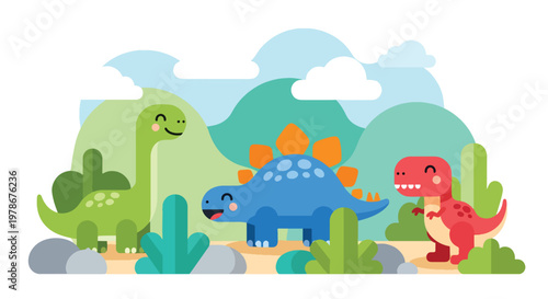Flat style vector illustration of minimal dinosaur set with simple plants and stones, designed in soft colors and clean shapes for modern kids design and nursery themes