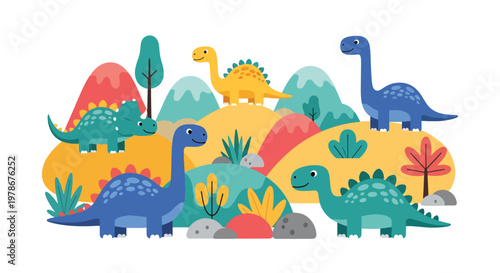 Flat style vector illustration of minimal dinosaur set with simple plants and stones, designed in soft colors and clean shapes for modern kids design and nursery themes