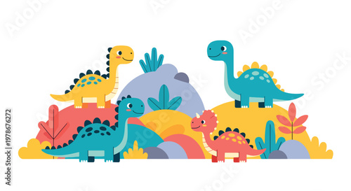 Flat style vector illustration of minimal dinosaur set with simple plants and stones, designed in soft colors and clean shapes for modern kids design and nursery themes
