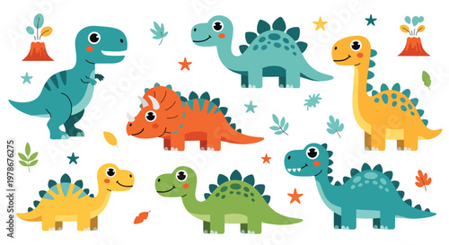 Flat style vector illustration of cute dinosaurs with big eyes and smiling faces in playful colors, ideal for kids branding, education materials and fun design projects