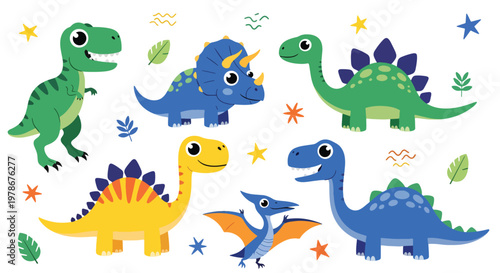 Flat style vector illustration of cute dinosaurs with big eyes and smiling faces in playful colors, ideal for kids branding, education materials and fun design projects