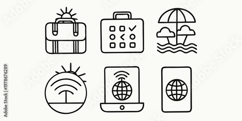 Collection of travel icons bags phone sun and beach elements