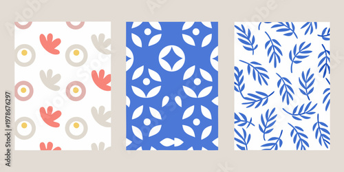 Three vertical panels displaying colorful abstract geometric and floral patterns