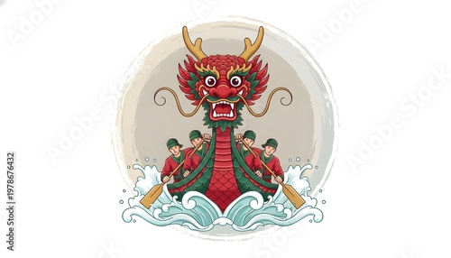 Traditional Dragon Boat Festival Racing Scene with a Fierce Dragon Head and Rowers