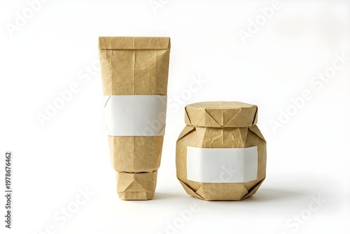 Eco-Friendly Beauty Essentials: A visually appealing, eco-conscious presentation of skincare products, meticulously wrapped in earth-toned paper.