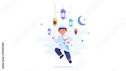 Muslim Boy Holding a Lamb and Jumping for Eid al-Adha Celebration Flat Design Vector Illustration