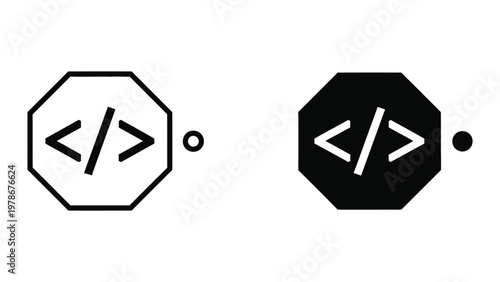 Contrasting octagonal icons featuring code angle brackets in different styles and backgrounds