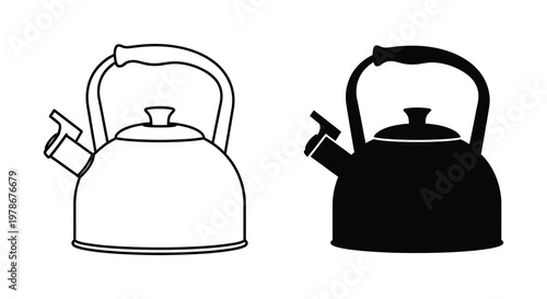 Two vintage kettles depicted in contrasting styles one light one dark silhouette