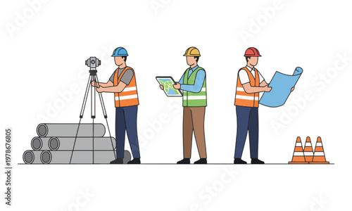 Professional Construction Team and Surveyors Working at Site
