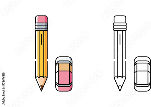 Yellow pencil with pink eraser and separate block eraser set, vector illustration of school stationary supplies in flat and line art style for education, art, and office design.