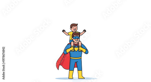 Superhero father, cartoon family, man carrying child, comic style illustration, colorful vector graphic