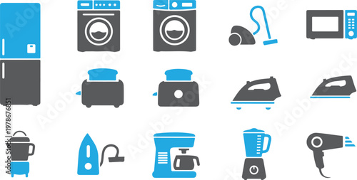 Принти на полотні A collection of two-tone grey and blue vector icons representing various household electronics and kitchen appliances isolated on a white background