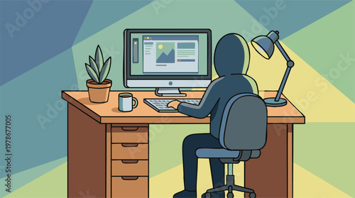 Creative person working on desktop computer at home office desk