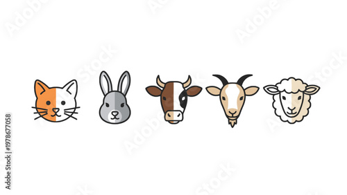 Farm animal and pet head icon set isolated on white background