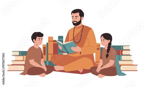 Indian Teacher Reading Book to Children Illustration