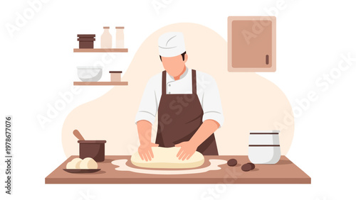 Professional baker kneading dough on a kitchen counter flat design vector illustration for culinary and bakery concepts
