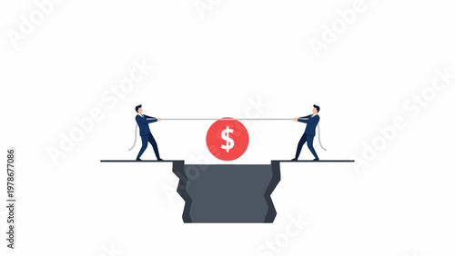 Businessmen playing tug of war with dollar coin over abyss