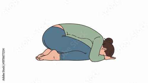 Woman curled up in fetal position on white background illustration
