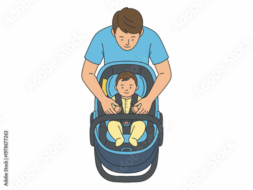 Father Strapping Baby in Car Seat Illustration