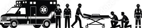 Emergency medical services silhouette set featuring ambulance vehicle paramedics with stretcher first responders rescue team and medical emergency equipment graphics