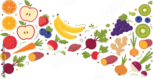 Fresh Fruits and Vegetables Composition with Banana, Apple, Citrus, Carrot, Beetroot, and Ginger Colorful Vector Illustration for Healthy Food and Nutrition Design.