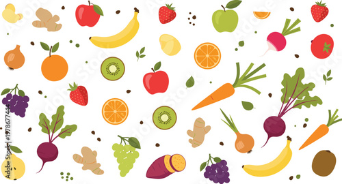 Fresh Fruits and Vegetables Scatter Set with Apple, Banana, Citrus, Beetroot, Carrot, and Ginger Colorful Vector Illustration for Healthy Food and Nutrition Design.
