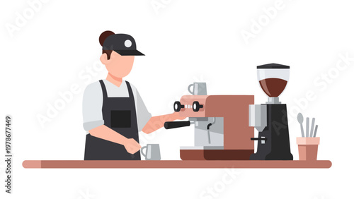 Barista preparing espresso with professional machine and grinder in cafe flat design vector illustration