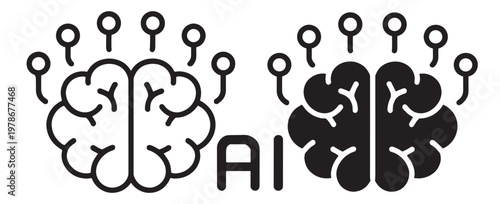 artificial intelligence brain line icons set, neural network circuit with data processing, technology vector outline collection on transparent background