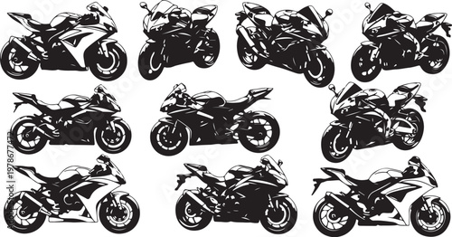 Collection of various motorcycle silhouettes in black and white