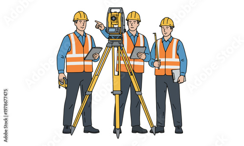 Three Professional Land Surveyors Using Total Station on White Background