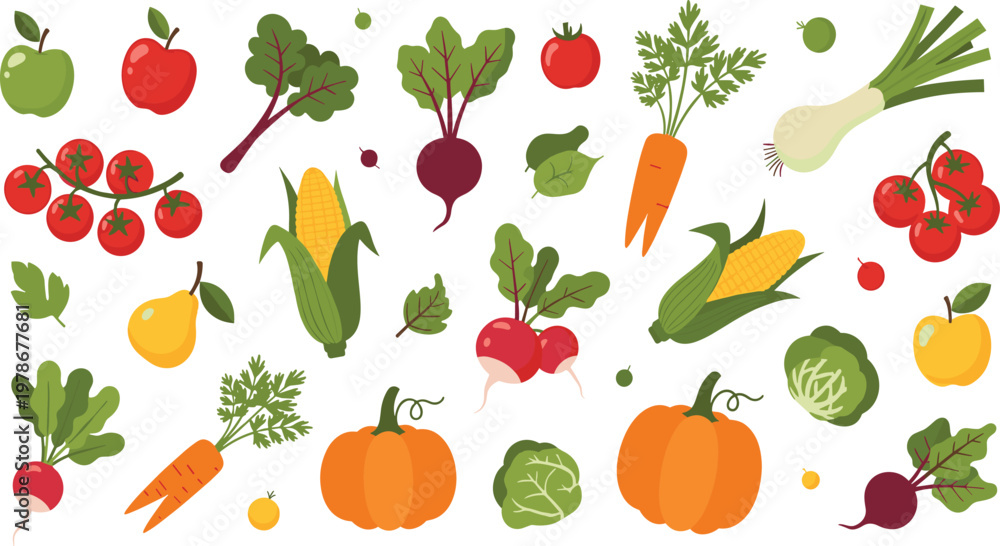 Fototapeta premium Fresh Fruits and Vegetables Set with Apple, Tomato, Corn, Carrot, Beetroot, Pumpkin, and Greens Colorful Vector Illustration for Healthy Food and Nutrition Design.