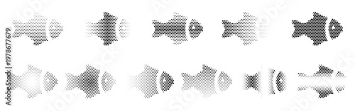 Fish Halftone Icon Collection – Fish Dotted Circles Halftones Geometric Dots Gradient – Dot Spray Gradient Vector Set – Fish Illustration Halftone Gradient