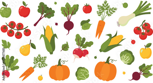 Fresh Fruits and Vegetables Set with Apple, Tomato, Corn, Carrot, Beetroot, Pumpkin, and Greens Colorful Vector Illustration for Healthy Food and Nutrition Design.