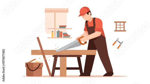 Carpenter sawing wood on workbench in workshop flat design vector illustration for home improvement and craftsmanship concepts