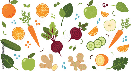 Fresh Fruits and Vegetables Set with Citrus, Apple, Beetroot, Carrot, Cucumber, and Ginger Colorful Vector Illustration for Healthy Food and Nutrition Design.