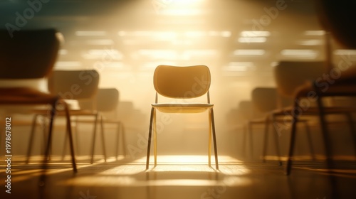 Close-up of a student chair against a blurred classroom backdrop