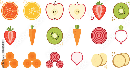 Fruits and Vegetables Slice Icon Set with Apple, Citrus, Kiwi, Carrot, Beetroot, and Potato Colorful Vector Illustration for Healthy Food and Nutrition Design.