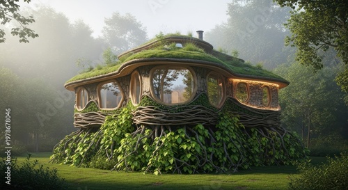 Eco friendly house surrounded by greenery and vegetation in a natural setting