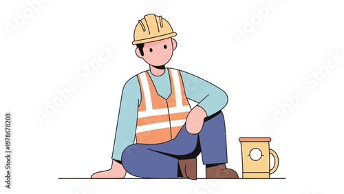 Construction worker wearing safety vest and hard hat sitting on ground taking a break flat design vector illustration