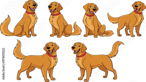 Golden Retriever Dog Cartoon Set with Sitting and Standing Poses Friendly Pet Character Vector Illustration for Animal Lovers, Mascot Design, and Veterinary Use.
