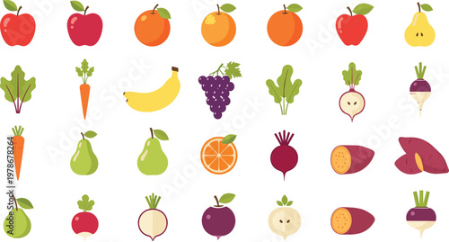 Fruits and Vegetables Icon Set with Apple, Orange, Carrot, Beetroot, Pear, and Sweet Potato Colorful Vector Illustration for Healthy Food and Nutrition Design.