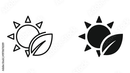 Contrasting depictions of a sun and leaf symbol in line and filled styles