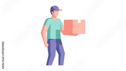 Delivery man carrying a cardboard box flat design vector illustration for logistics and e-commerce services