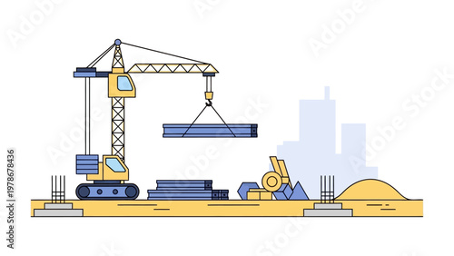 Construction site with tower crane lifting steel beam flat design vector illustration for industrial development concept